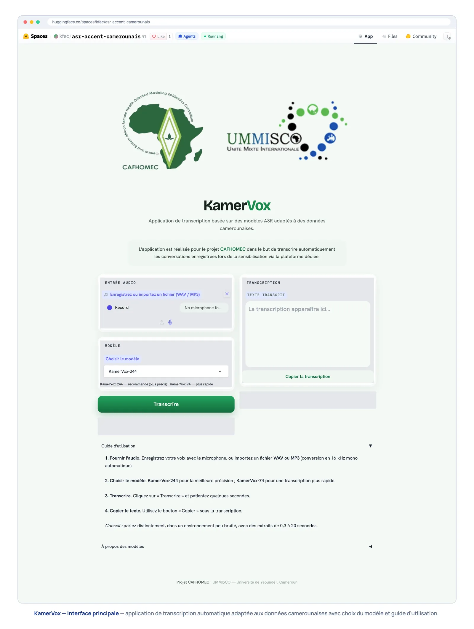 Transcription interface with model selection and user guide
